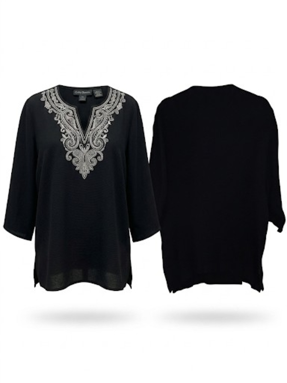 Cathy Daniels Black Tunic with Ivory Embroidered And Embellishments V-Neck Sz 1X
